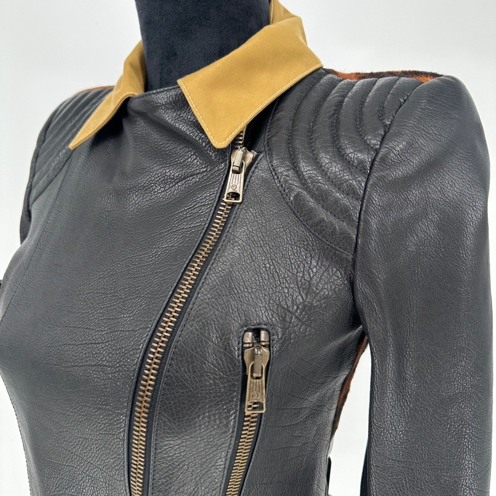 Alexander McQueen Black Nappa Leather Leopard Moto Jacket Italy‎ 38 US 2 Luxury - Picture 2 of 16